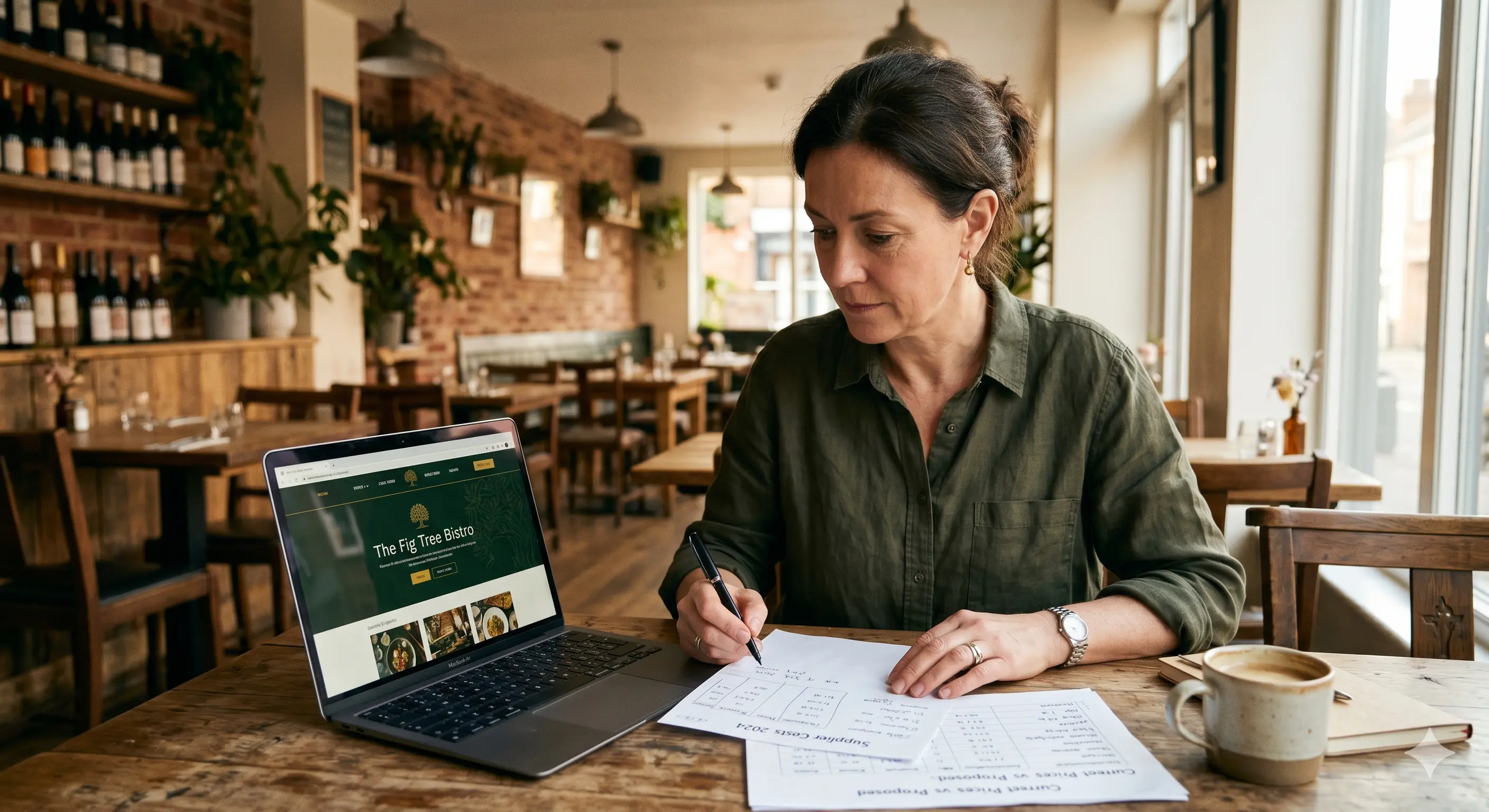 Restaurant owner comparing website design quotes and pricing options on a laptop at a cafe table.