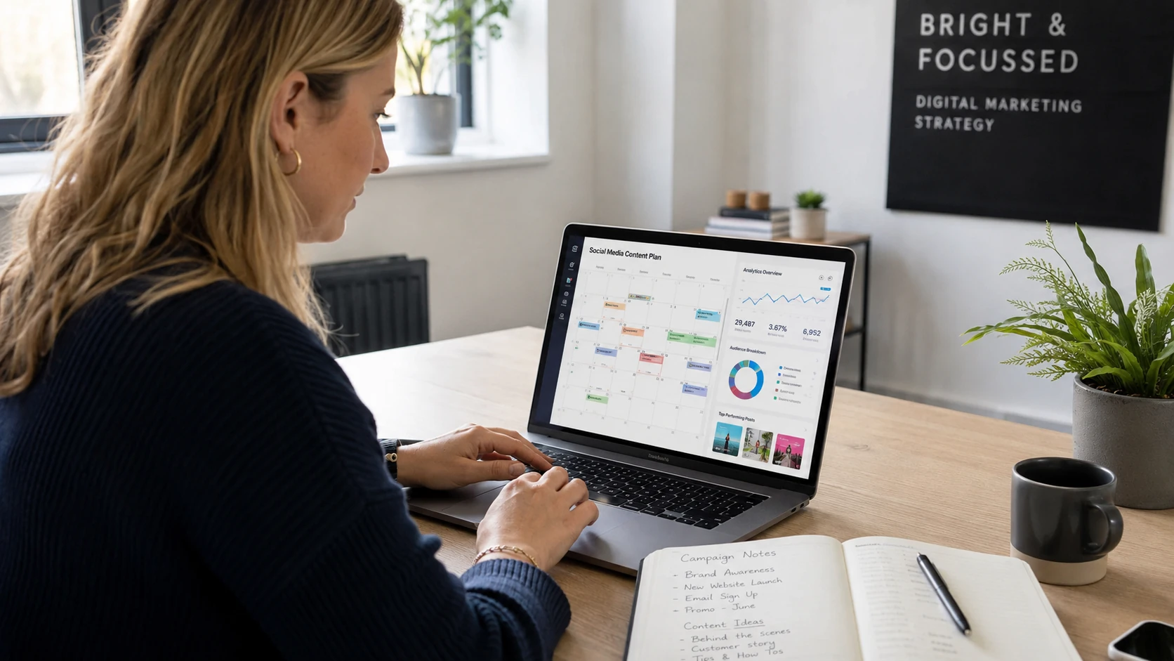 A small business owner reviewing a social media strategy plan with analytics, content ideas and campaign notes on a laptop.