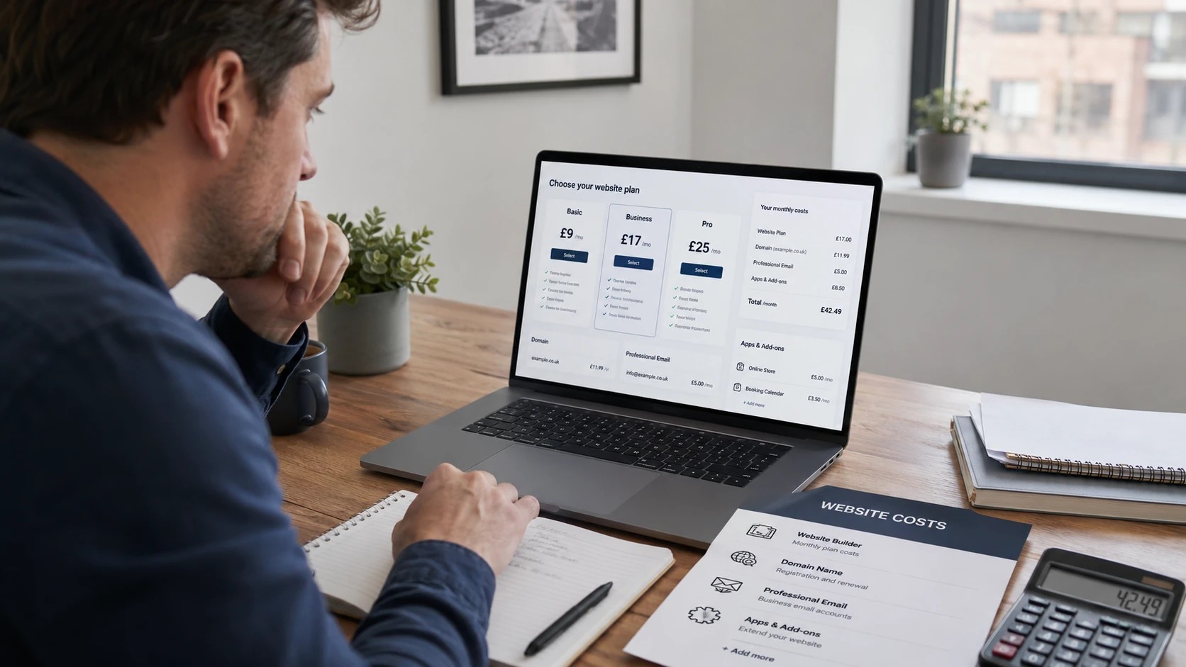 A small business owner reviewing website builder costs, subscriptions and hidden fees on a laptop.