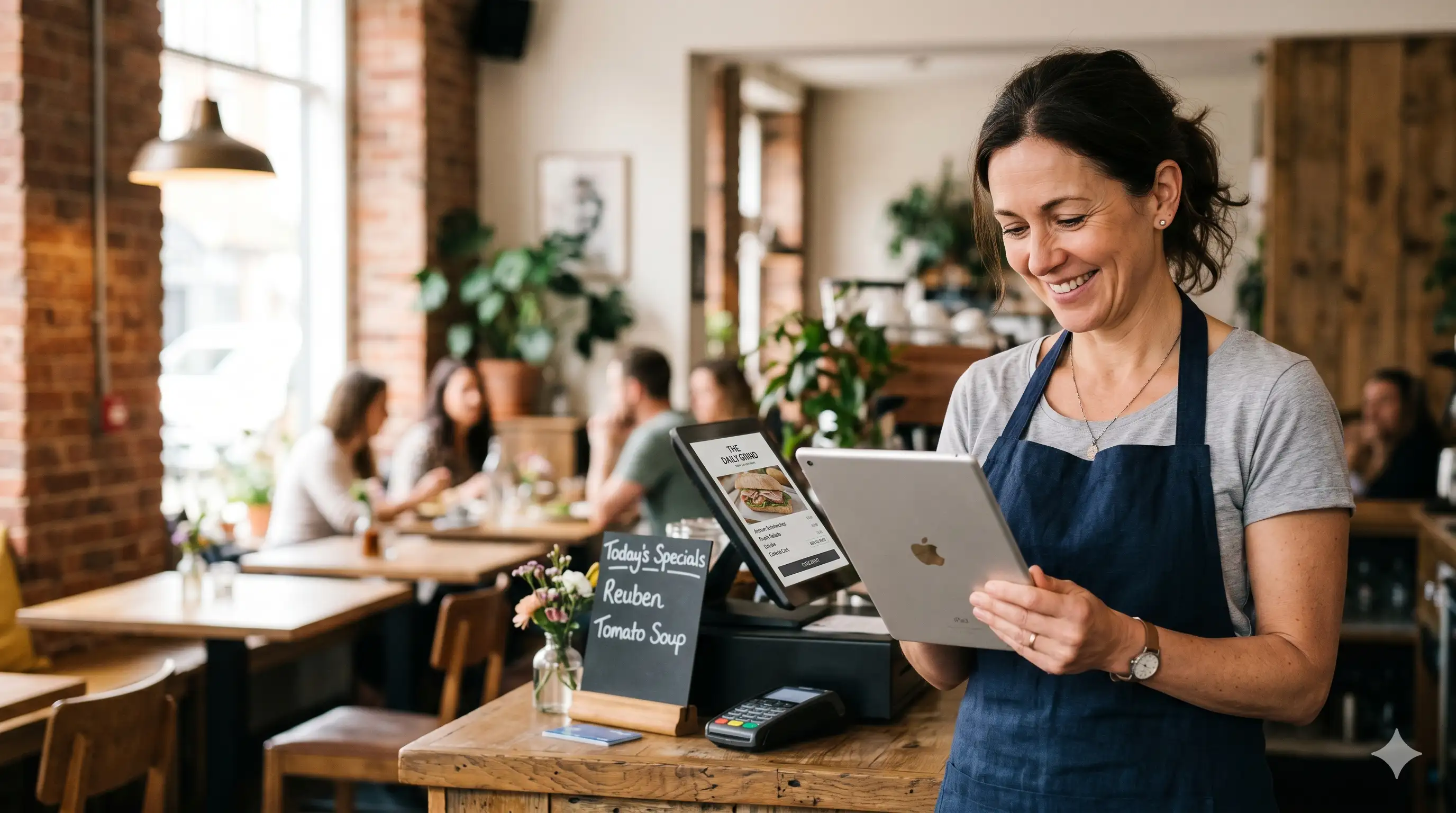 Restaurant owner checking online food orders on a tablet at the counter of a small UK restaurant.